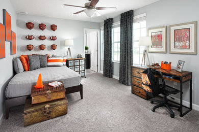 Rustic teen’s room for boys in Orlando with grey walls, carpet and grey floors.