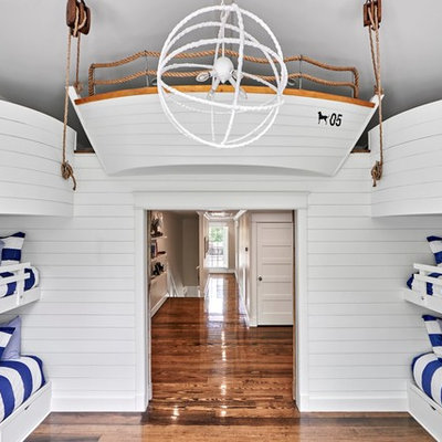 Inspiration for a coastal gender-neutral medium tone wood floor kids' room remodel in Nashville with white walls