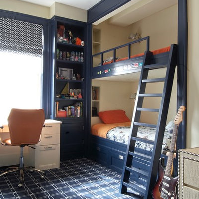 Kids' room - mid-sized transitional boy carpeted and blue floor kids' room idea in New York with beige walls