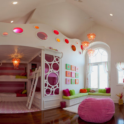 Large transitional girl dark wood floor and brown floor childrens' room photo in Salt Lake City with white walls
