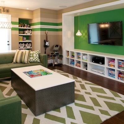 Trendy gender-neutral dark wood floor playroom photo in San Diego with multicolored walls