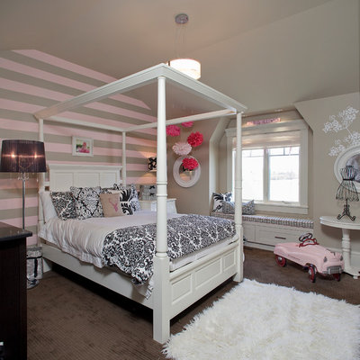 Elegant girl carpeted kids' room photo in Calgary with multicolored walls