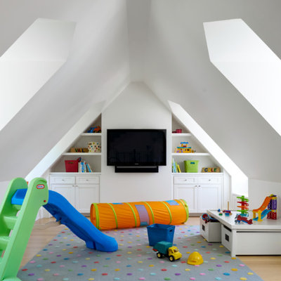 Inspiration for a transitional gender-neutral light wood floor kids' room remodel in Dallas with white walls