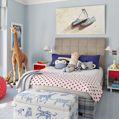 Example of a mid-sized transitional boy carpeted and gray floor kids' room design in San Francisco with blue walls
