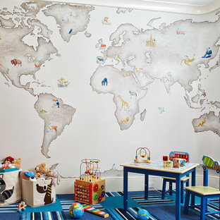 Modelo de dormitorio infantil de 4 a 10 años, tradicional renovado, de tamaño medio, con paredes multicolor, moqueta y suelo multicolor