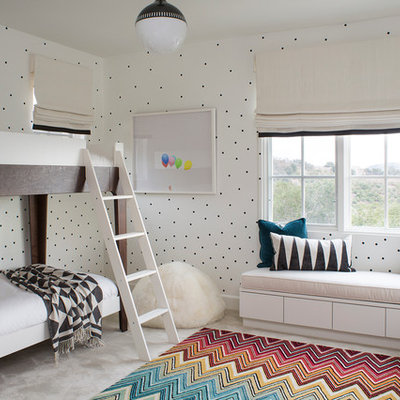 Kids' room - mid-sized contemporary girl carpeted kids' room idea in Santa Barbara with white walls