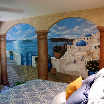 Santorini Greece Mural in a bedroom by Tom Taylor of Mural Art LLC, hand-painted