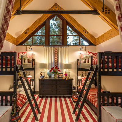 Mountain style gender-neutral carpeted kids' room photo in Sacramento with white walls