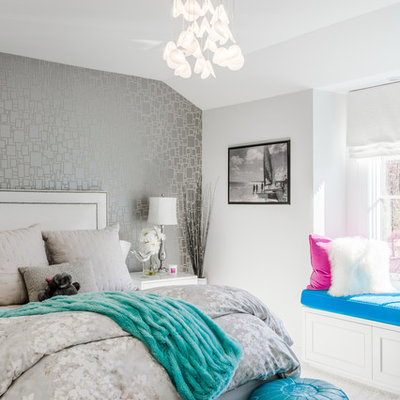 Inspiration for a transitional girl carpeted kids' room remodel in New York with gray walls