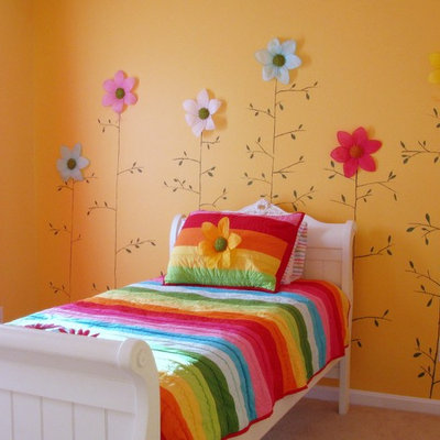 Eclectic girl carpeted kids' room photo in Philadelphia with yellow walls