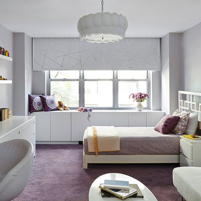Example of a mid-sized trendy girl carpeted and purple floor kids' room design in New York with gray walls