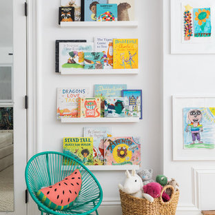 Kids' room - transitional gender-neutral carpeted and beige floor kids' room idea in Boston with white walls