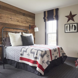 Idées déco pour une chambre d'enfant campagne avec un mur beige, moquette et un sol noir.