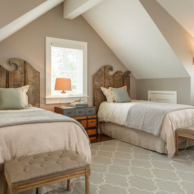 Kids' bedroom - mid-sized coastal gender-neutral dark wood floor and brown floor kids' bedroom idea in New York with gray walls