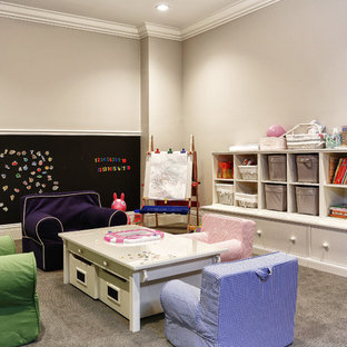 Playroom - traditional carpeted playroom idea in New York with gray walls