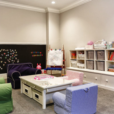 Playroom - traditional carpeted playroom idea in New York with gray walls