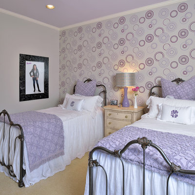 Mid-sized elegant girl carpeted kids' room photo in Houston with multicolored walls