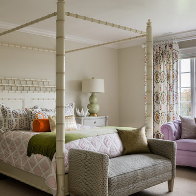 Example of a classic girl carpeted kids' room design in Boston with beige walls