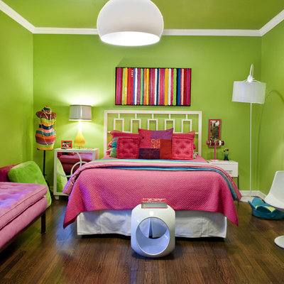 Example of a mid-sized eclectic girl dark wood floor kids' room design in Dallas with green walls