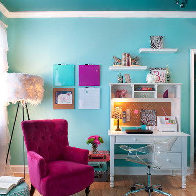 Example of a mid-sized trendy girl light wood floor and beige floor kids' room design in Atlanta with blue walls