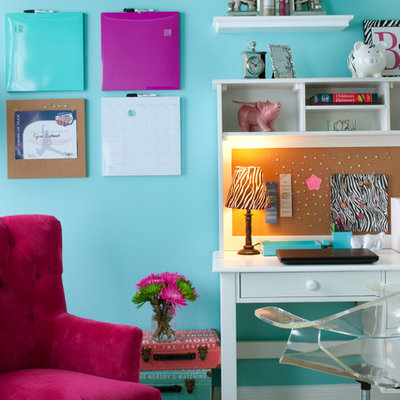 Kids' room - mid-sized contemporary girl light wood floor and beige floor kids' room idea in Atlanta with blue walls