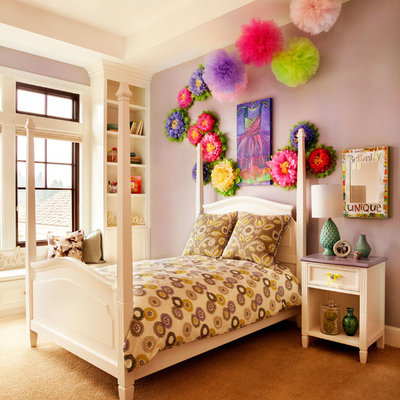 Large transitional girl carpeted kids' room photo in Portland with purple walls