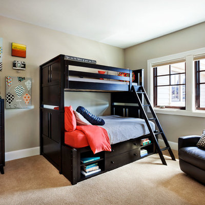 Large transitional boy carpeted and beige floor kids' room photo in Portland with beige walls