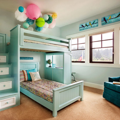 Example of a large transitional girl carpeted kids' room design in Portland with blue walls