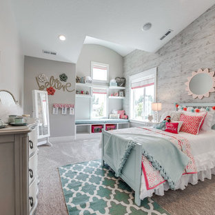 Inspiration for a mid-sized transitional girl carpeted kids' room remodel in Salt Lake City with gray walls
