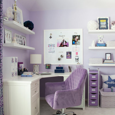 Kids' room - large transitional girl carpeted and gray floor kids' room idea in Houston with purple walls