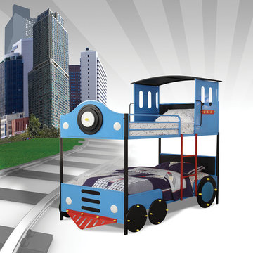 Tobi Twin-Over-Twin Bunk Bed, Blue and Black Train Theme