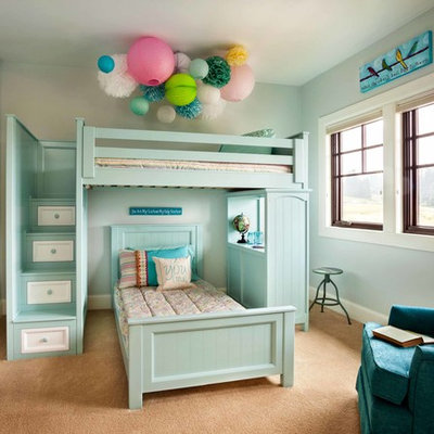 Inspiration for a timeless girl carpeted kids' room remodel in Portland with blue walls