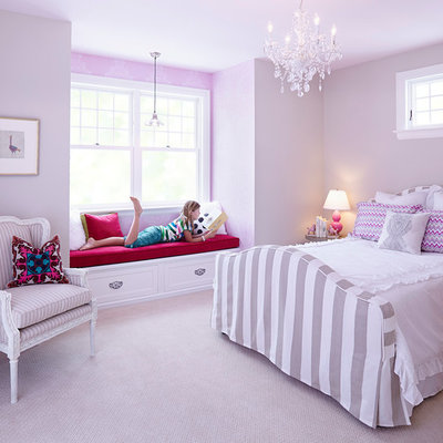 Kids' room - large traditional girl carpeted kids' room idea in Minneapolis with purple walls