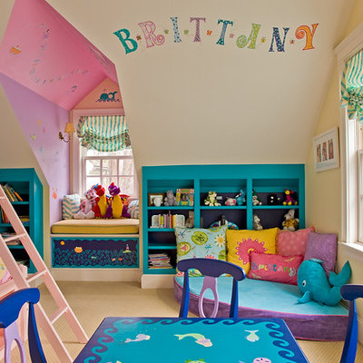 Elegant girl carpeted kids' room photo in Boston with multicolored walls
