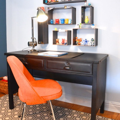 Inspiration for a transitional gender-neutral medium tone wood floor kids' room remodel in New York with white walls