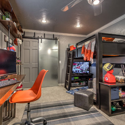 Example of a small transitional boy carpeted and gray floor kids' room design in Oklahoma City with gray walls