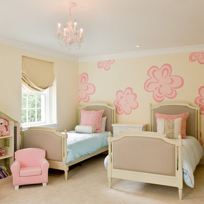 Inspiration for a timeless girl carpeted kids' room remodel in DC Metro with multicolored walls