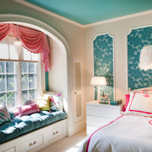 Inspiration for a mid-sized timeless girl carpeted and beige floor kids' room remodel in DC Metro with multicolored walls