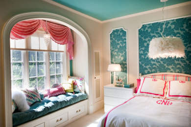 Inspiration for a medium sized traditional teen’s room for girls in DC Metro with carpet, multi-coloured walls, beige floors and feature lighting.