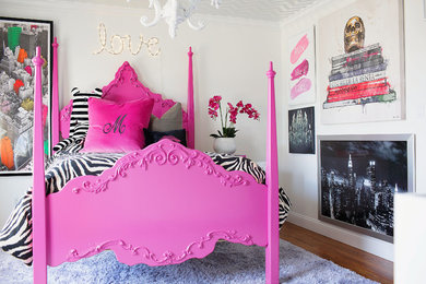 Inspiration for a medium sized eclectic teen’s room for girls in New York with white walls and carpet.