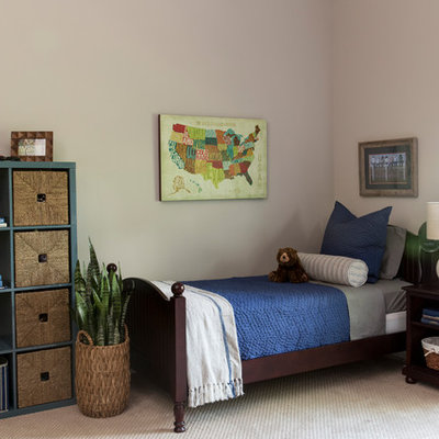 Example of a mid-sized transitional boy carpeted and beige floor kids' room design in Nashville with beige walls