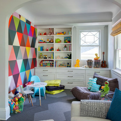 Transitional gender-neutral carpeted playroom photo in Minneapolis with multicolored walls