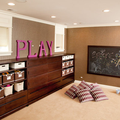 Example of a large transitional gender-neutral carpeted and beige floor kids' room design in Chicago with brown walls