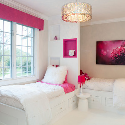 Example of a mid-sized trendy girl carpeted kids' room design in Philadelphia with beige walls