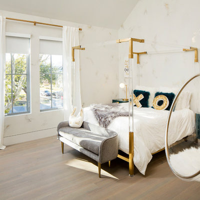 Example of a large trendy girl medium tone wood floor and gray floor kids' room design in Charleston with multicolored walls