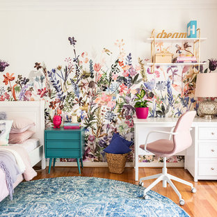 Inspiration for a contemporary kids' room in Perth with pink walls, medium hardwood floors and brown floor.