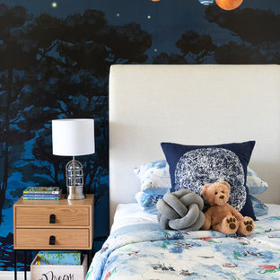 Photo of a contemporary kids' room in Perth with blue walls, medium hardwood floors and brown floor.