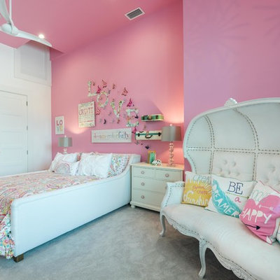 Large elegant girl carpeted kids' room photo in Orlando with pink walls