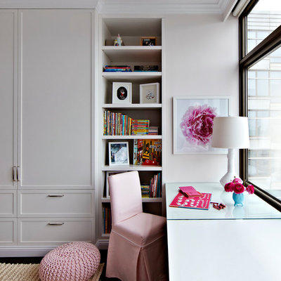 Inspiration for a large transitional girl dark wood floor kids' room remodel in New York with gray walls