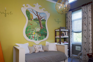 Example of an eclectic gender-neutral carpeted kids' room design in Philadelphia with multicolored walls